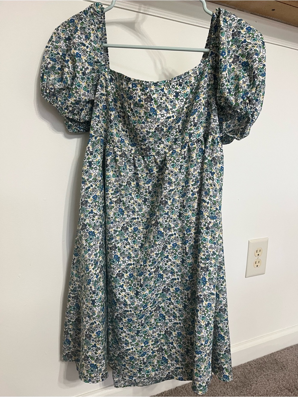 SHEIN Blue & Green Floral Puff-Sleeve Mini Dress
